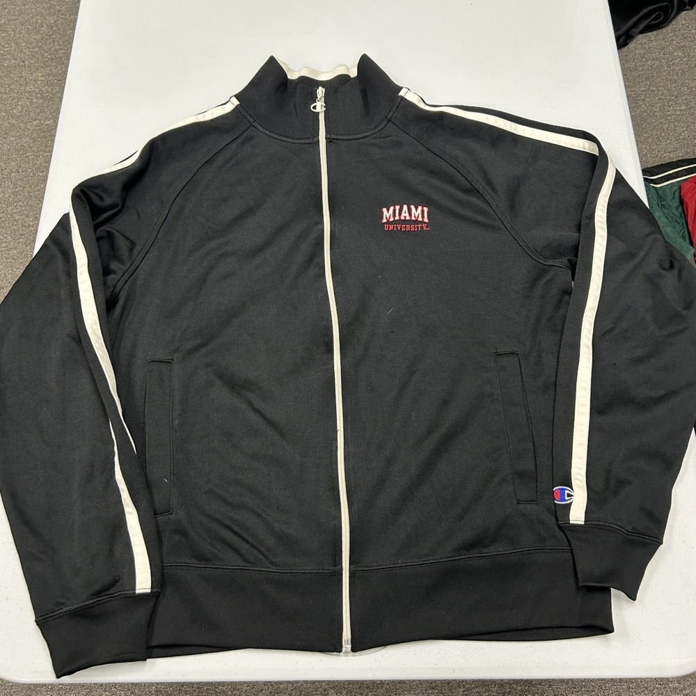 Champion Track Jacket‎ Mens L Black Miami University Side Stripe Full Zip